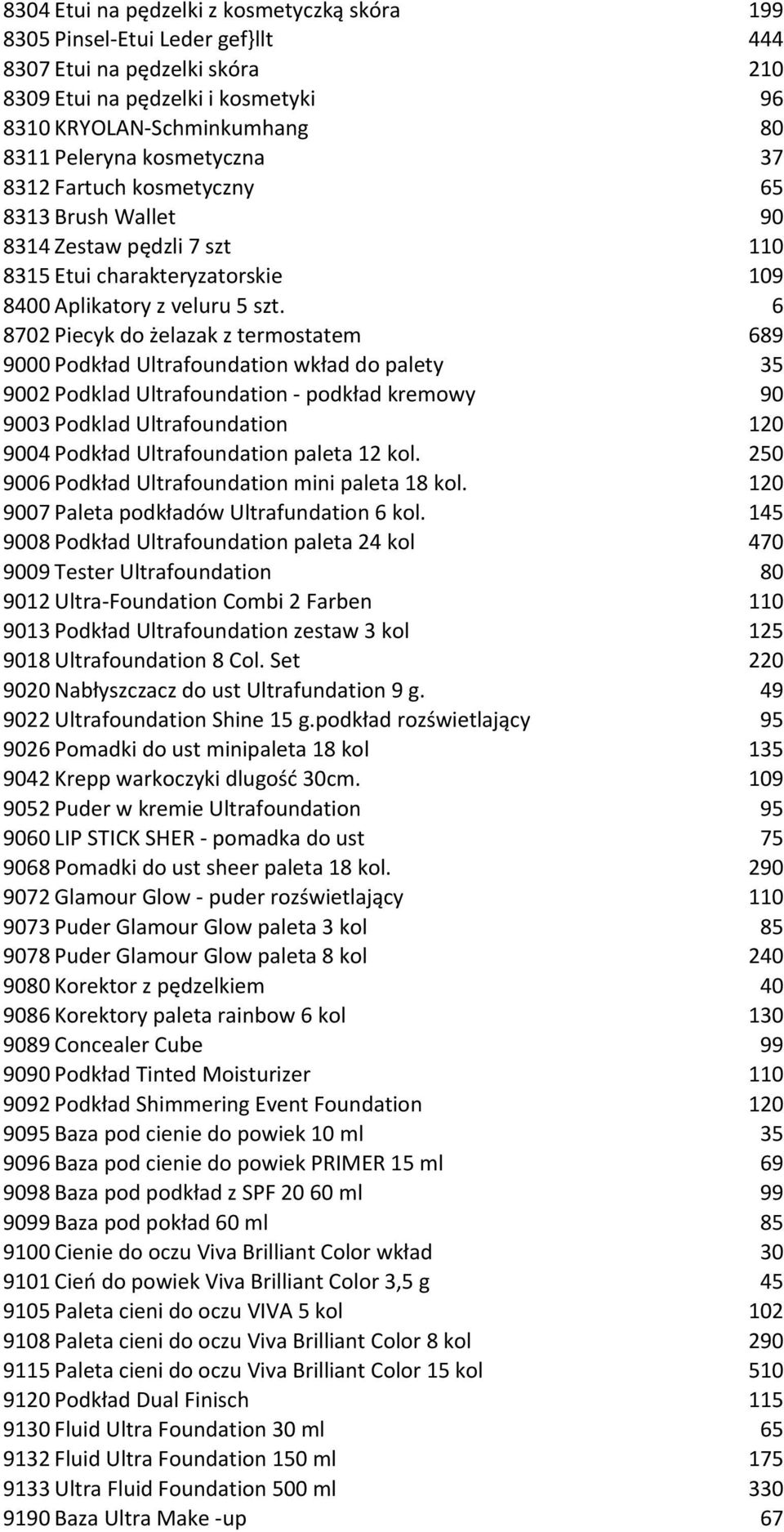 6 8702 Piecyk do żelazak z termostatem 689 9000 Podkład Ultrafoundation wkład do palety 35 9002 Podklad Ultrafoundation - podkład kremowy 90 9003 Podklad Ultrafoundation 120 9004 Podkład