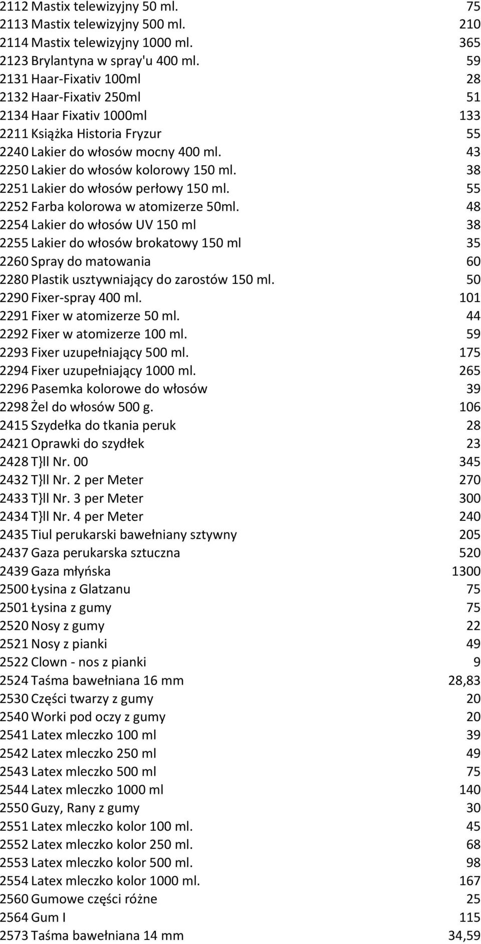 38 2251 Lakier do włosów perłowy 150 ml. 55 2252 Farba kolorowa w atomizerze 50ml.