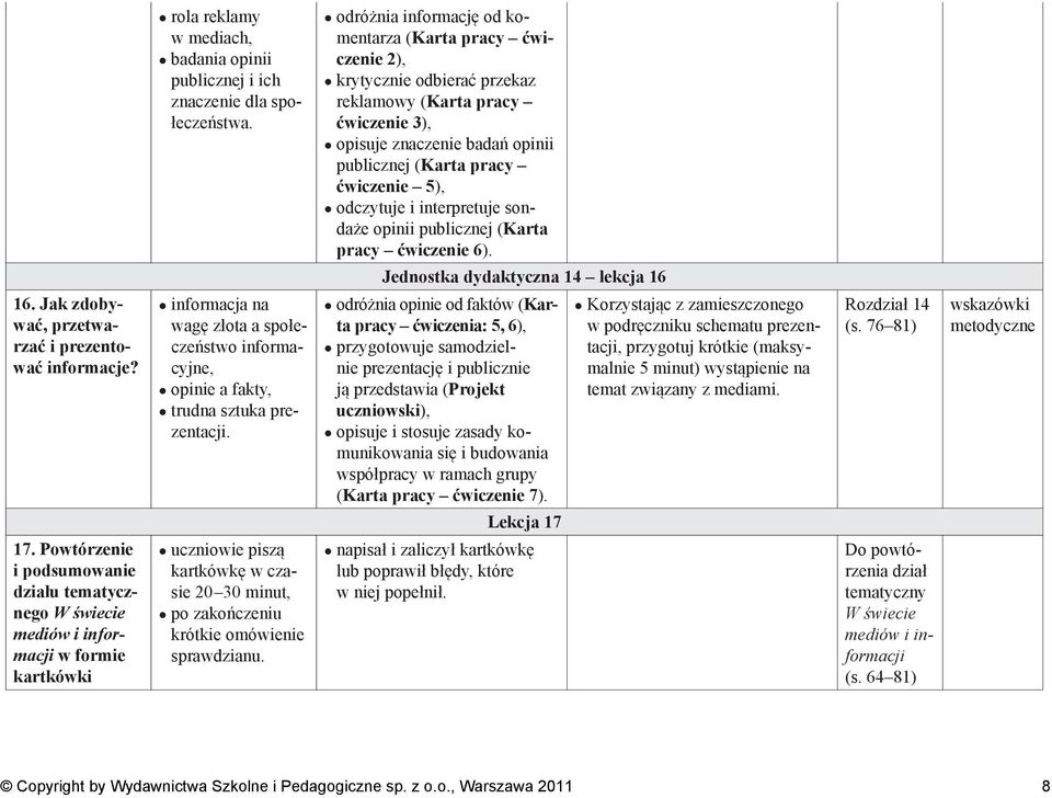 odczytuje i interpretuje sondaże opinii publicznej (Karta pracy ćwiczenie 6). Jednostka dydaktyczna 14 lekcja 16 16. Jak zdobywać, przetwarzać i prezentować informacje?