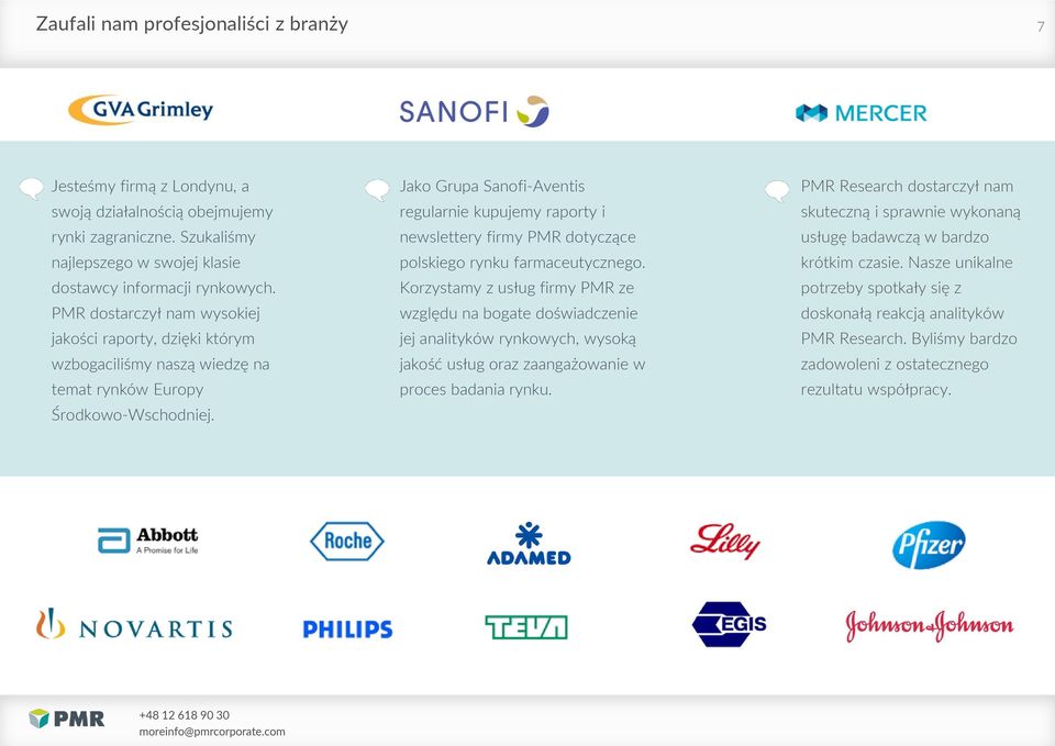 Jako Grupa Sanofi-Aventis regularnie kupujemy raporty i newslettery firmy PMR dotyczące polskiego rynku farmaceutycznego.