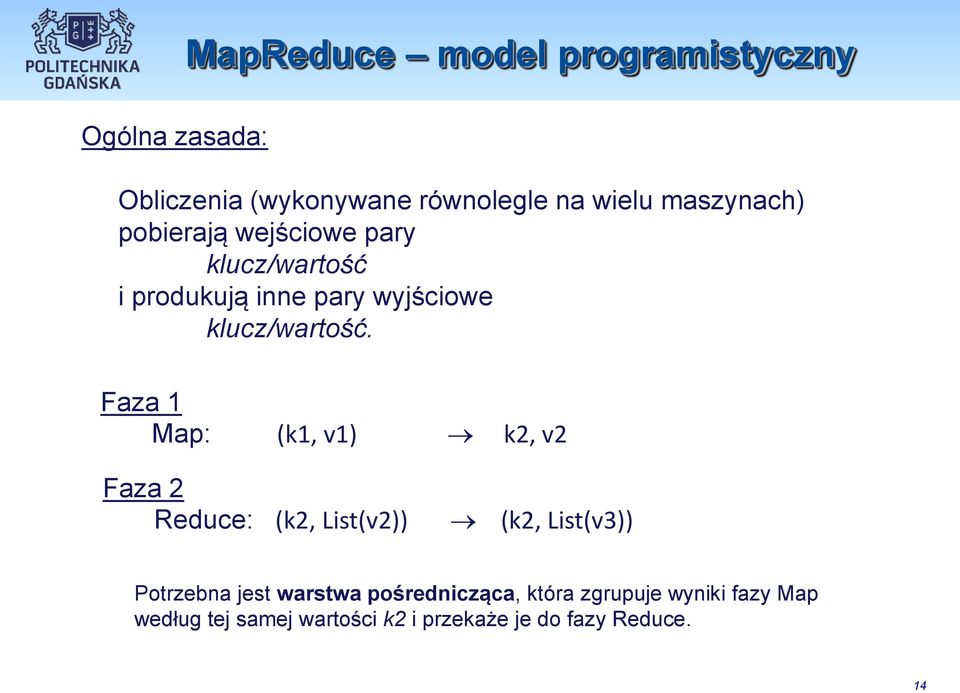 Faza 1 Map: (k1, v1) k2, v2 Faza 2 Reduce: (k2, List(v2)) (k2, List(v3)) Potrzebna jest warstwa