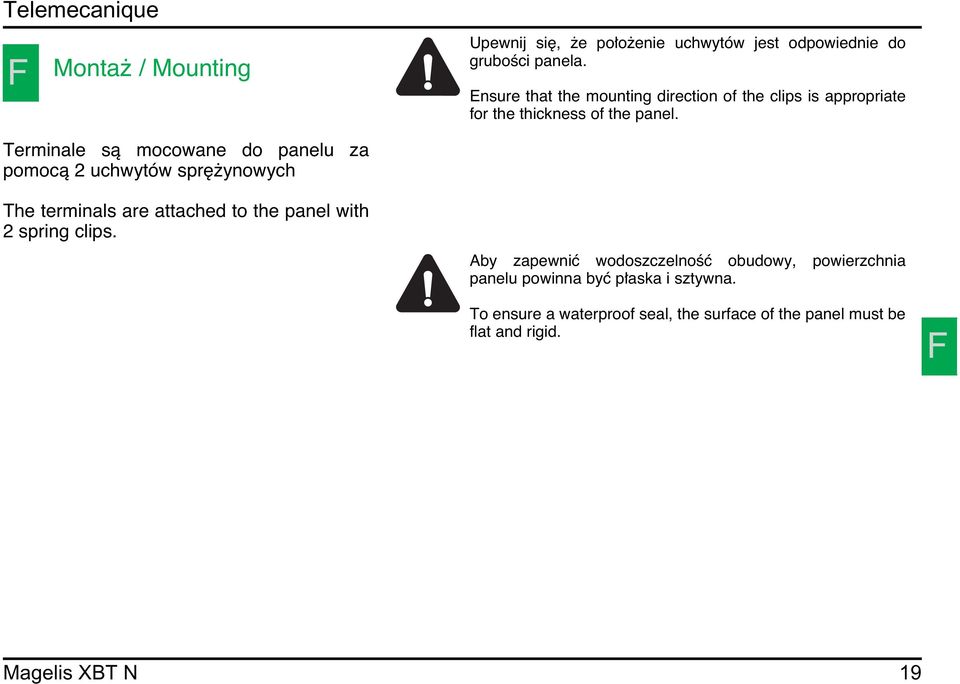 Terminale sà mocowane do panelu za pomocà 2 uchwytów spr ynowych The terminals are attached to the panel with 2 spring