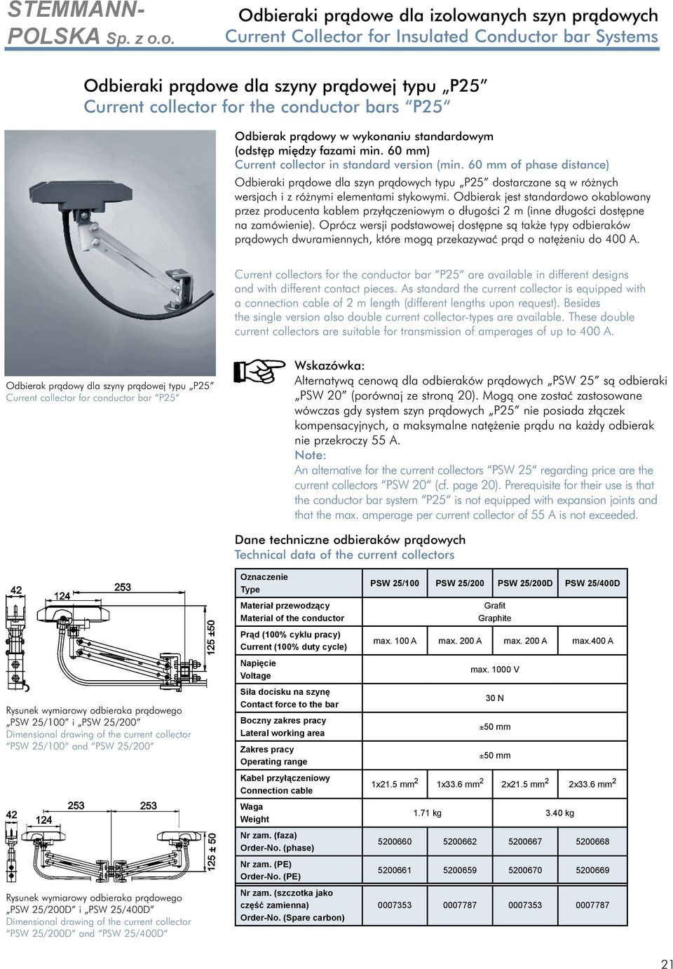 Odbierak pràdowy w wykonaniu standardowym (odst p mi dzy fazami min. 60 mm) Current collector in standard version (min.