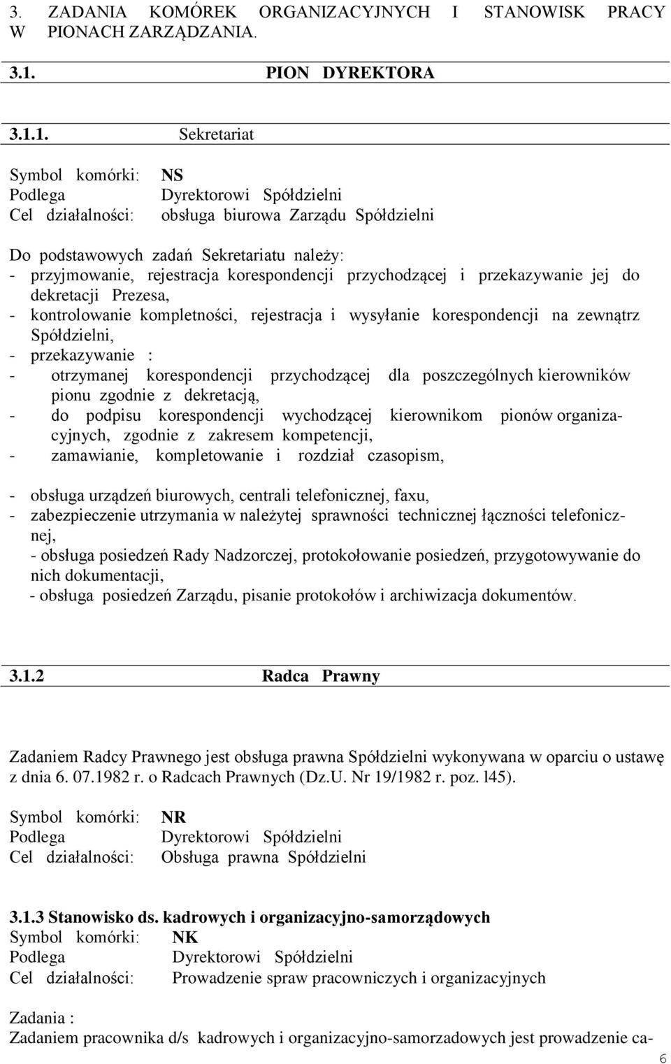 1. Sekretariat Cel działalności: NS Dyrektorowi Spółdzielni obsługa biurowa Zarządu Spółdzielni Do podstawowych zadań Sekretariatu należy: - przyjmowanie, rejestracja korespondencji przychodzącej i