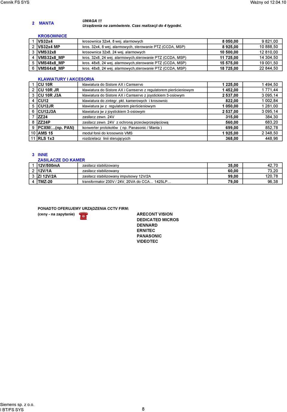 alarmowych 10 500,00 12 810,00 4 VMS32x8_MP kros. 32x8, 24 wej. alarmowych,sterowanie PTZ (CCDA, MSP) 11 725,00 14 304,50 5 VMS48x8_MP kros. 48x8, 24 wej.