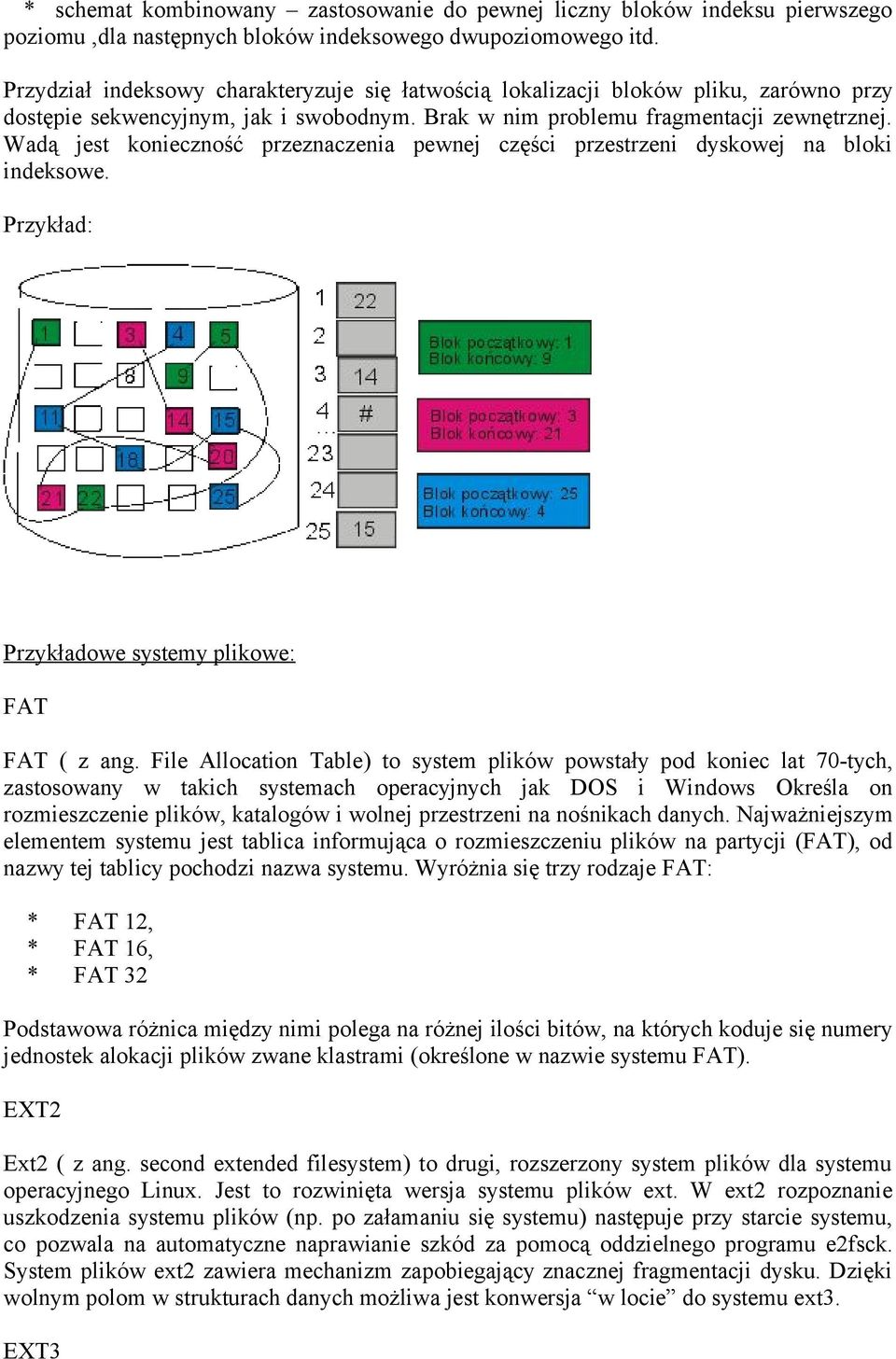Wadą jest konieczność przeznaczenia pewnej części przestrzeni dyskowej na bloki indeksowe. Przykład: Przykładowe systemy plikowe: FAT FAT ( z ang.