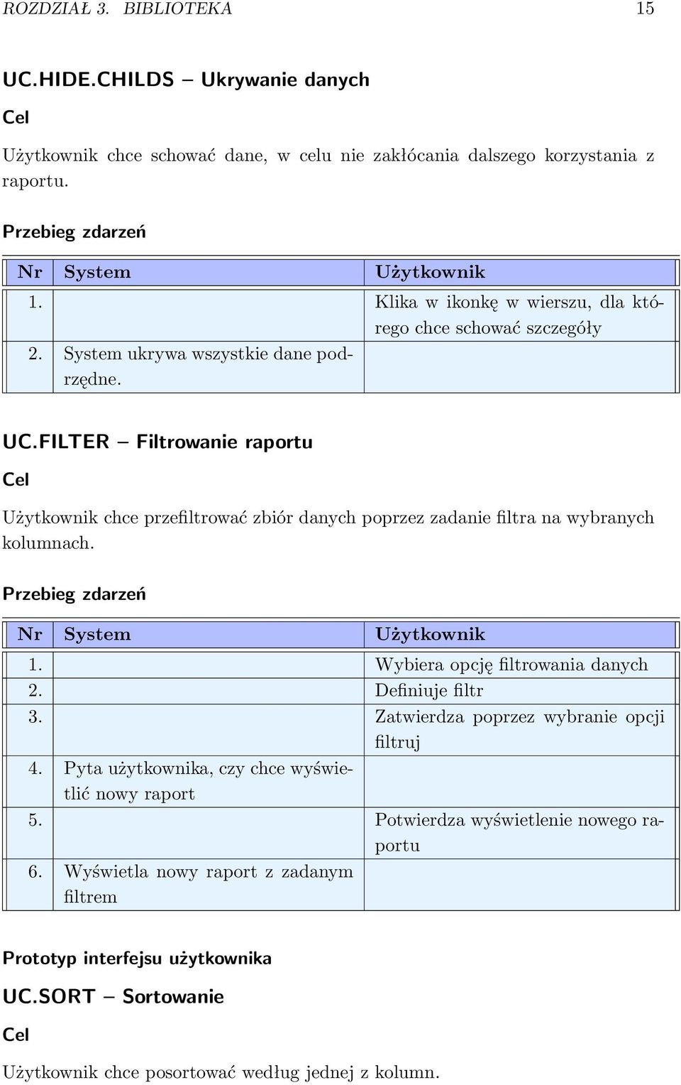 FILTER Filtrowanie raportu Cel Użytkownik chce przefiltrować zbiór danych poprzez zadanie filtra na wybranych kolumnach. Przebieg zdarzeń Nr System Użytkownik 1. Wybiera opcję filtrowania danych 2.