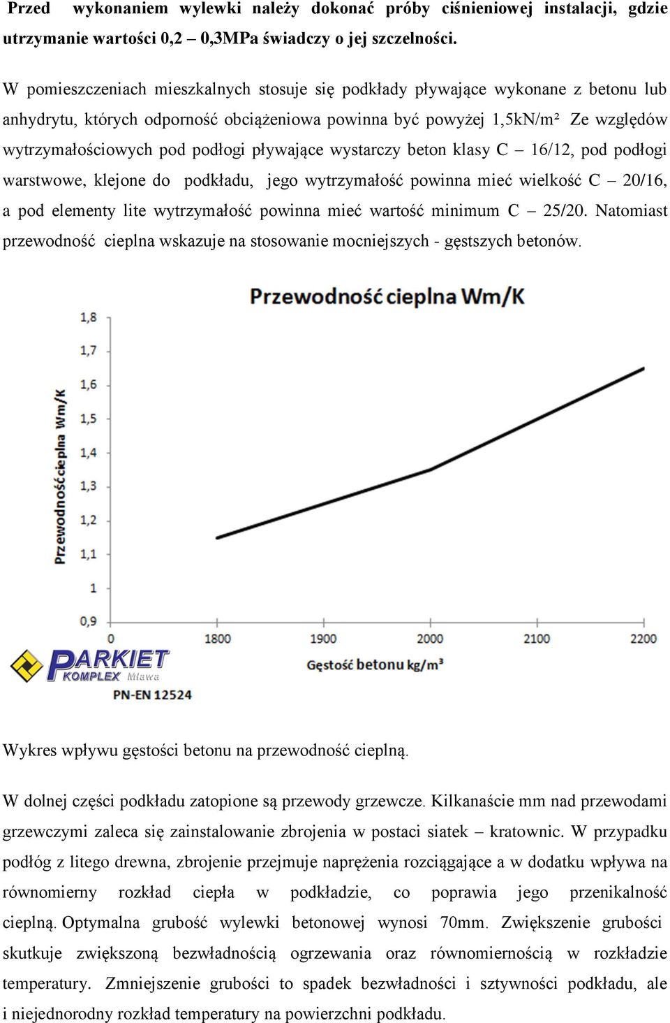 pływające wystarczy beton klasy C 16/12, pod podłogi warstwowe, klejone do podkładu, jego wytrzymałość powinna mieć wielkość C 20/16, a pod elementy lite wytrzymałość powinna mieć wartość minimum C