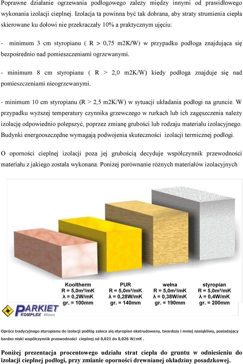 znajdująca się bezpośrednio nad pomieszczeniami ogrzewanymi. - minimum 8 cm styropianu ( R > 2,0 m2k/w) kiedy podłoga znajduje się nad pomieszczeniami nieogrzewanymi.