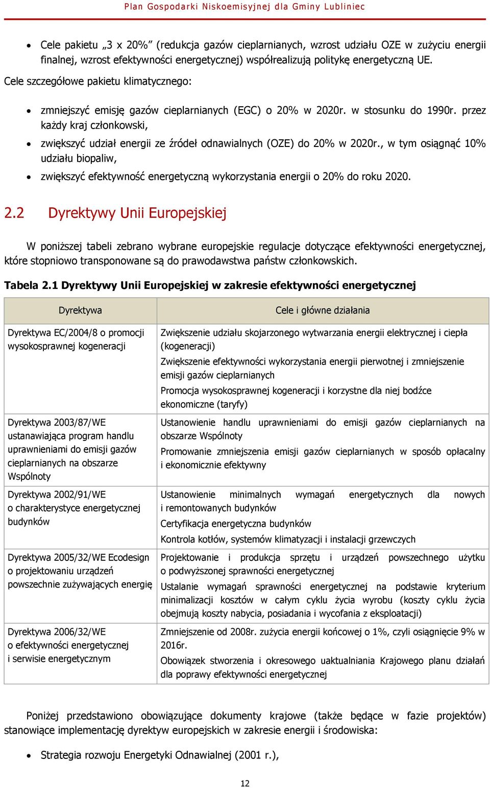 przez każdy kraj członkowski, zwiększyć udział energii ze źródeł odnawialnych (OZE) do 20% w 2020r.