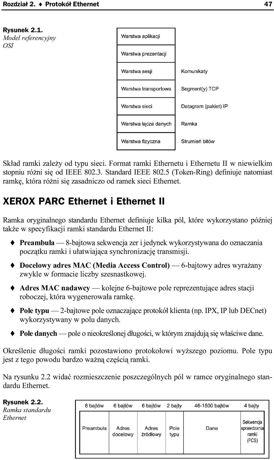 XEROX PARC Ethernet i Ethernet II Ramka oryginalnego standardu Ethernet definiuje kilka pól, które wykorzystano później także w specyfikacji ramki standardu Ethernet II: Preambuła 8-bajtowa sekwencja