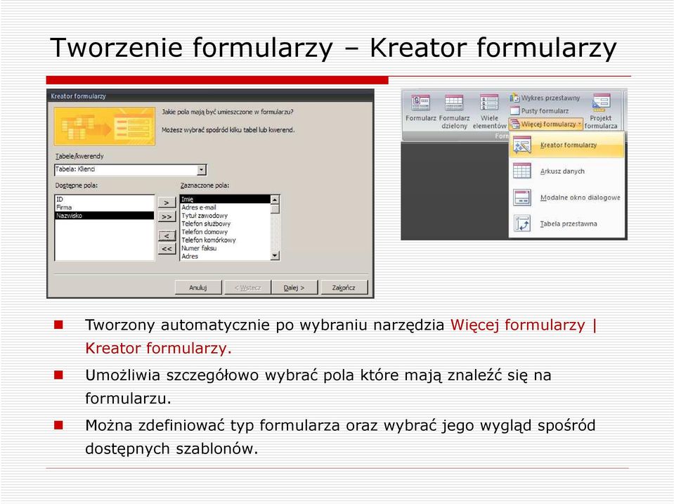 Umożliwia szczegółowo wybrać pola które mają znaleźć się na formularzu.