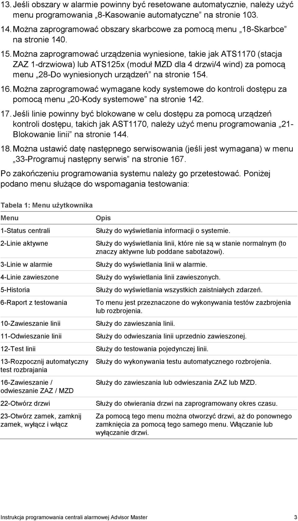 Można zaprogramować urządzenia wyniesione, takie jak ATS1170 (stacja ZAZ 1-drzwiowa) lub ATS125x (moduł MZD dla 4 drzwi/4 wind) za pomocą menu 28-Do wyniesionych urządzeń na stronie 154. 16.