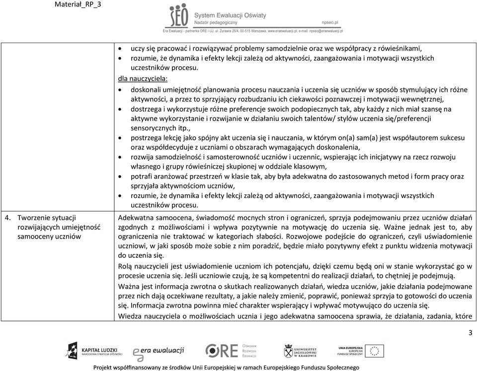 dla nauczyciela: doskonali umiejętność planowania procesu nauczania i uczenia się uczniów w sposób stymulujący ich różne aktywności, a przez to sprzyjający rozbudzaniu ich ciekawości poznawczej i