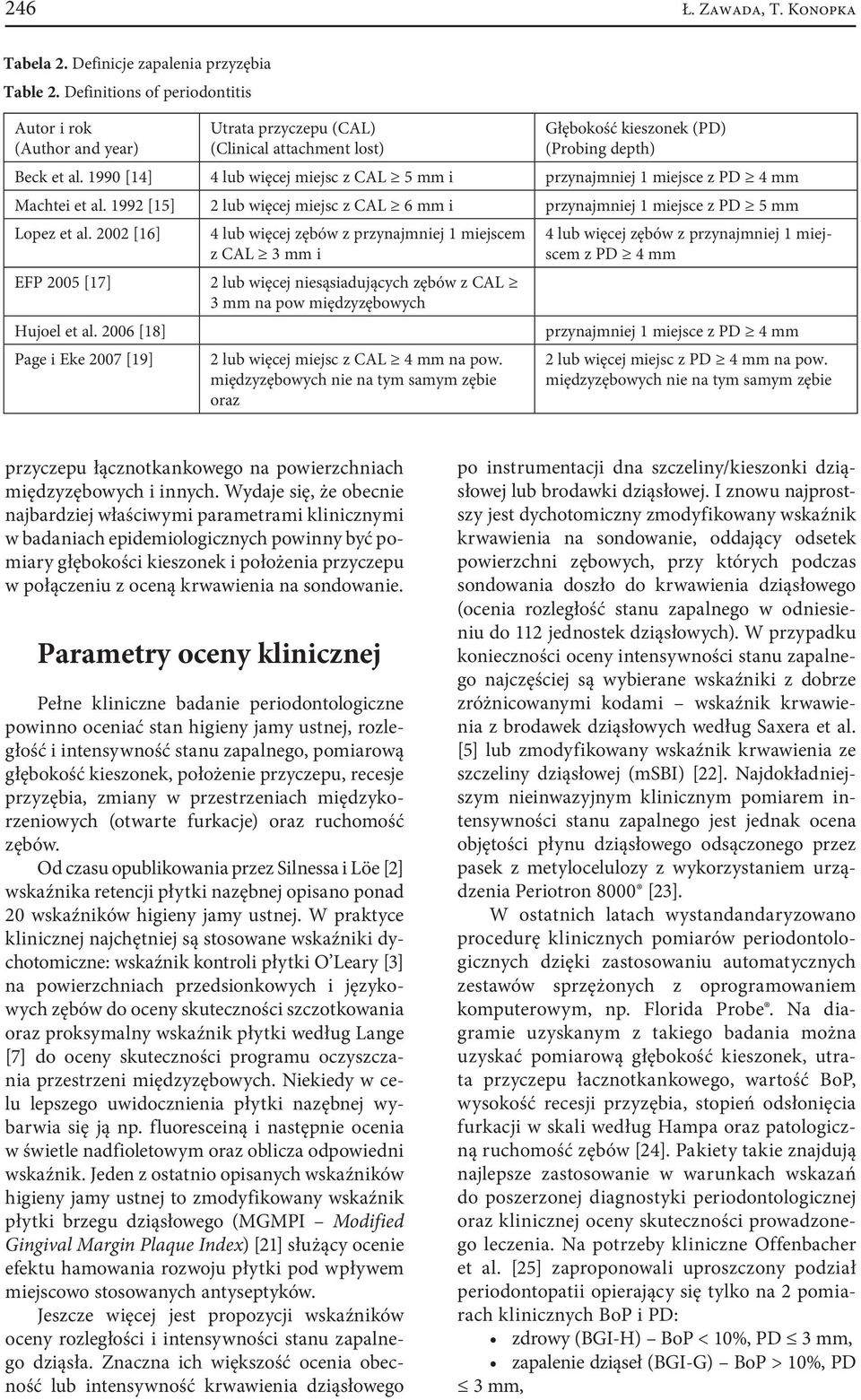 1990 [14] 4 lub więcej miejsc z CAL 5 mm i przynajmniej 1 miejsce z PD 4 mm Machtei et al. 1992 [15] 2 lub więcej miejsc z CAL 6 mm i przynajmniej 1 miejsce z PD 5 mm Lopez et al.