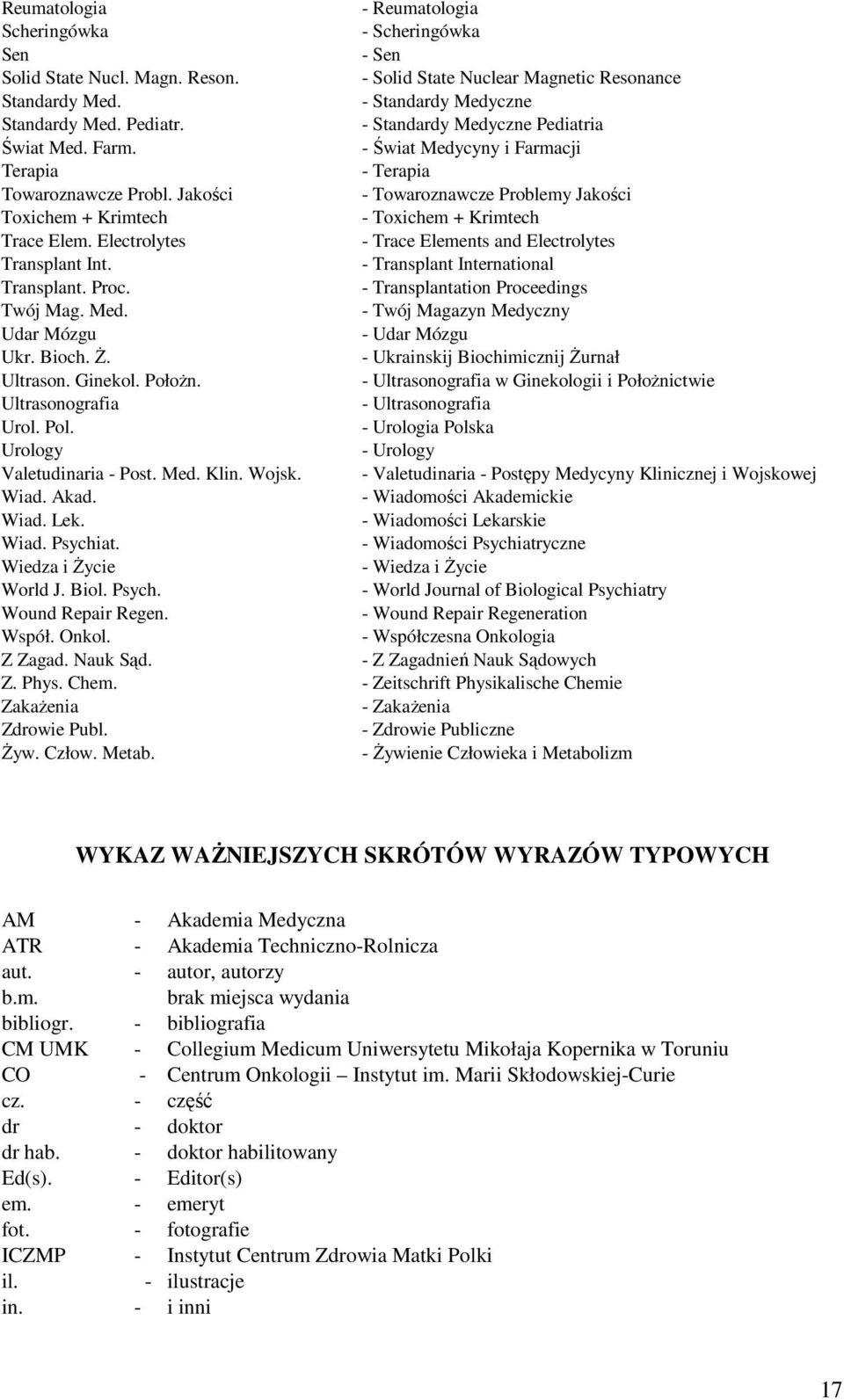 Jakości - Towaroznawcze Problemy Jakości Toxichem + Krimtech - Toxichem + Krimtech Trace Elem. Electrolytes - Trace Elements and Electrolytes Transplant Int. - Transplant International Transplant.