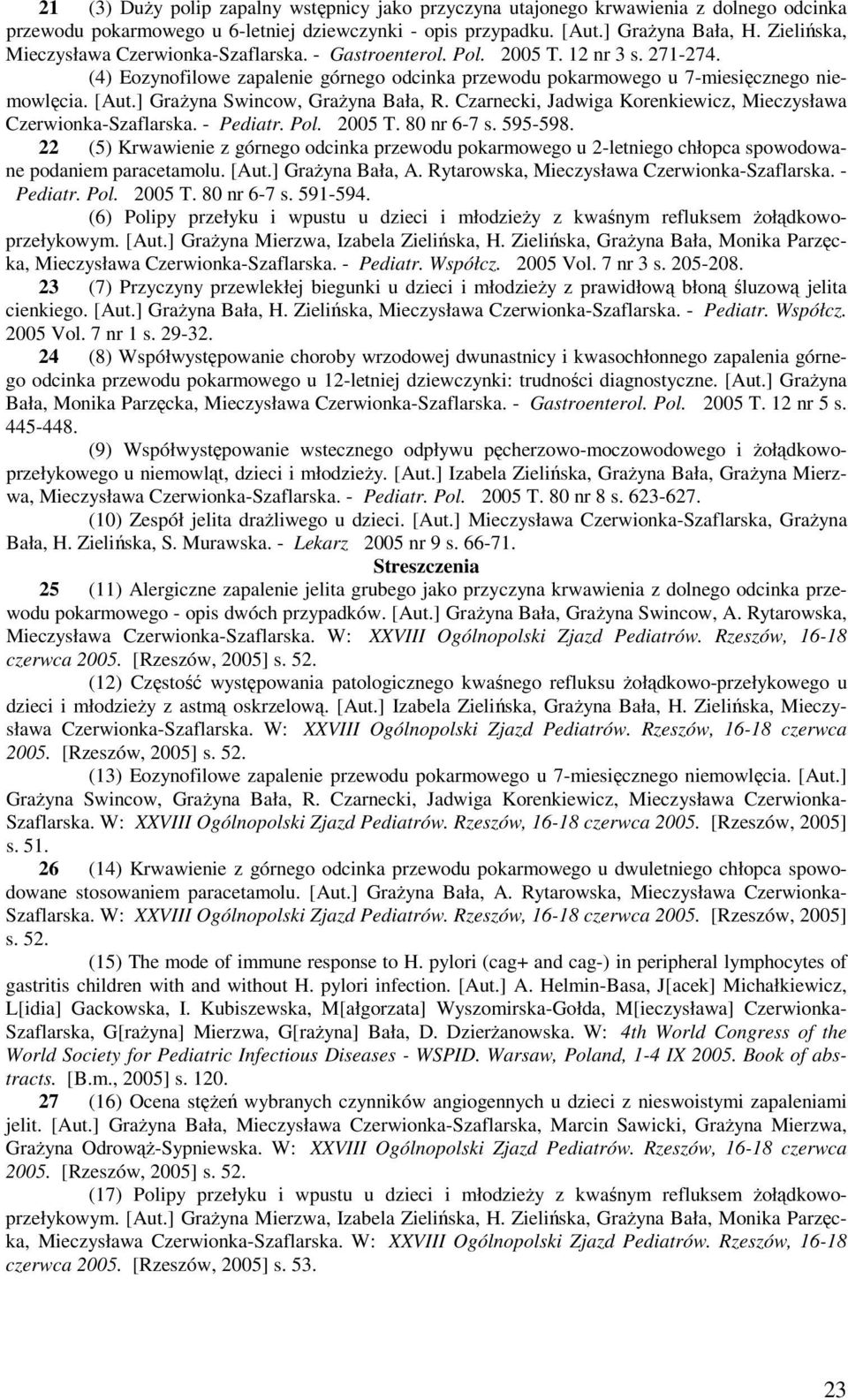 ] GraŜyna Swincow, GraŜyna Bała, R. Czarnecki, Jadwiga Korenkiewicz, Mieczysława Czerwionka-Szaflarska. - Pediatr. Pol. 2005 T. 80 nr 6-7 s. 595-598.