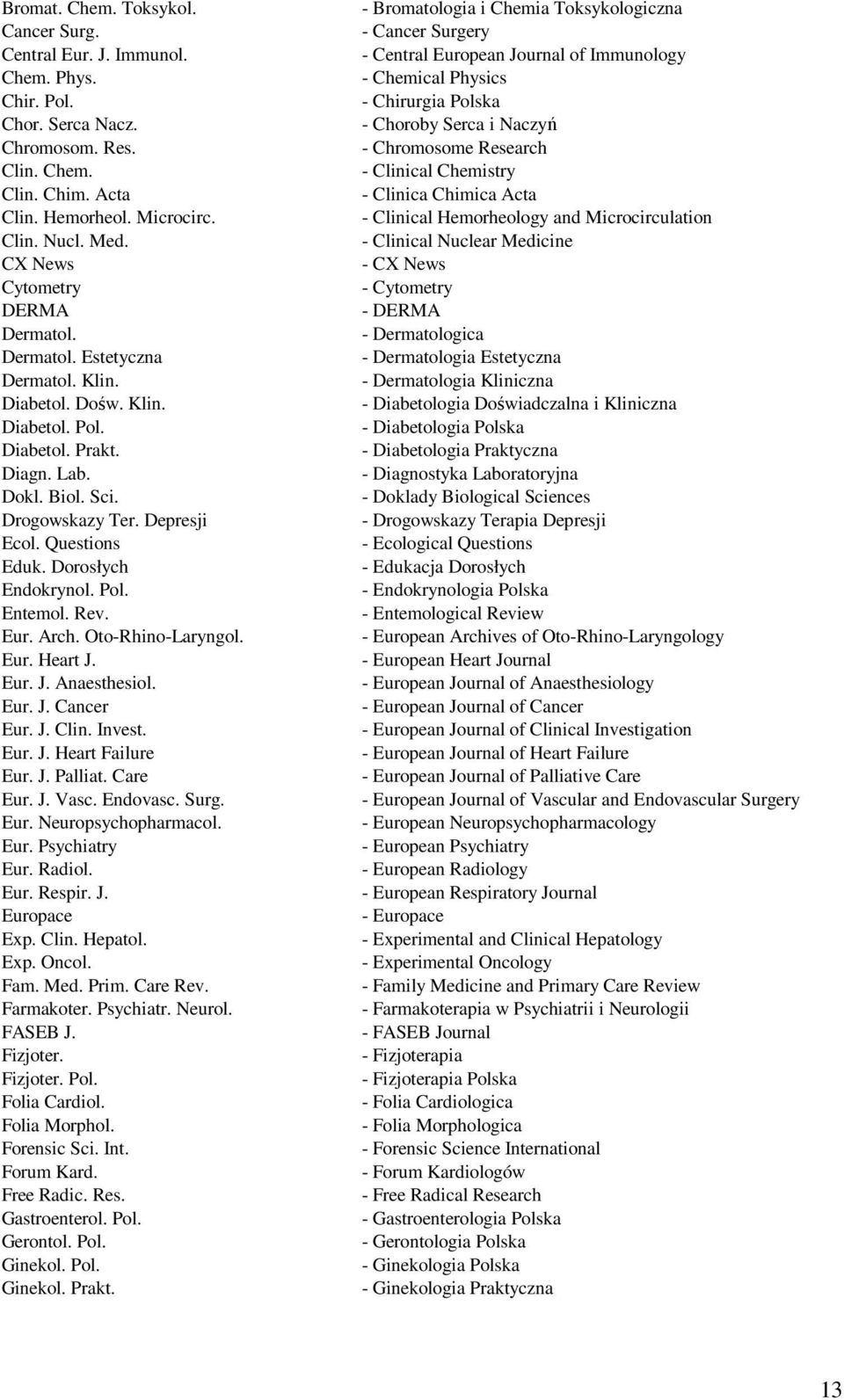 Questions Eduk. Dorosłych Endokrynol. Pol. Entemol. Rev. Eur. Arch. Oto-Rhino-Laryngol. Eur. Heart J. Eur. J. Anaesthesiol. Eur. J. Cancer Eur. J. Clin. Invest. Eur. J. Heart Failure Eur. J. Palliat.