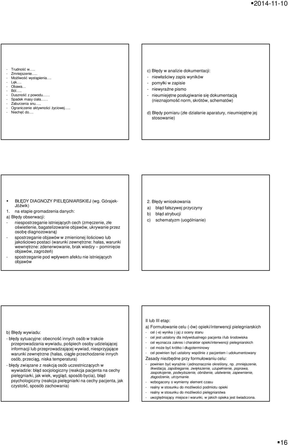 pomiaru (złe działanie aparatury, nieumiejętne jej stosowanie) BŁĘDY DIAGNOZY PIELĘGNIARSKIEJ (wg. Górajek- Jóźwik) 1.