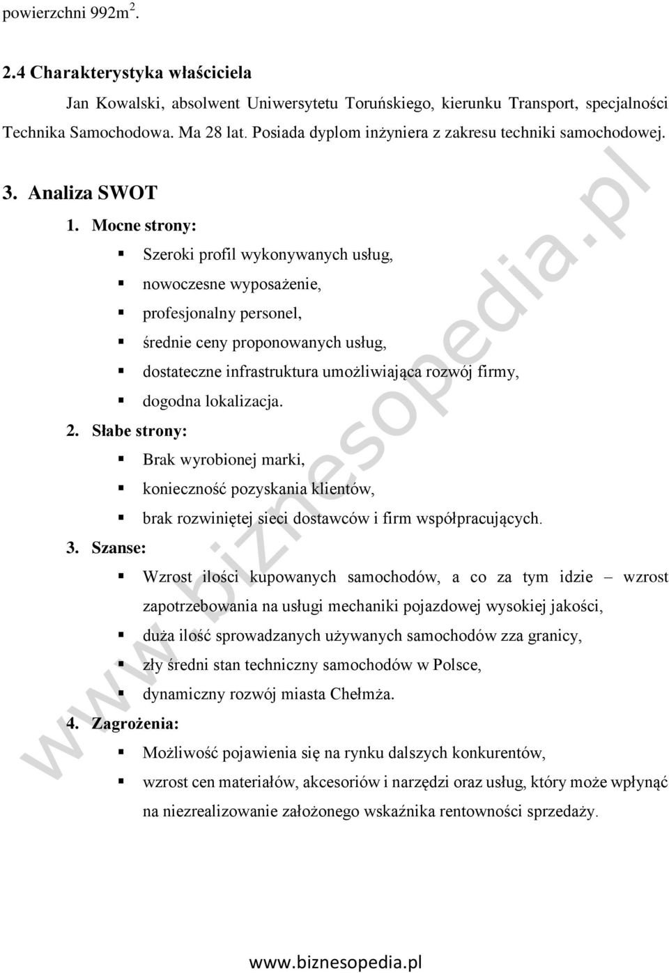 Mocne strony: Szeroki profil wykonywanych usług, nowoczesne wyposażenie, profesjonalny personel, średnie ceny proponowanych usług, dostateczne infrastruktura umożliwiająca rozwój firmy, dogodna