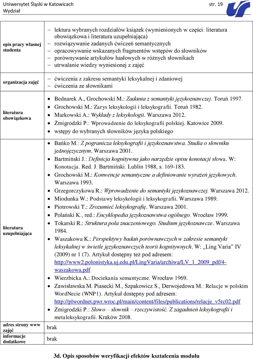 części: literatura obowiązkowa i literatura uzupełniająca) rozwiązywanie zadanych ćwiczeń semantycznych opracowywanie wskazanych fragmentów wstępów do słowników porównywanie artykułów hasłowych w