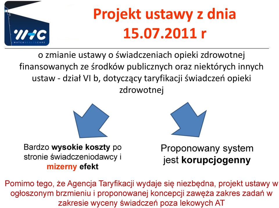 dział VI b, dotyczący taryfikacji świadczeń opieki zdrowotnej Bardzo wysokie koszty po stronie świadczeniodawcy i mizerny