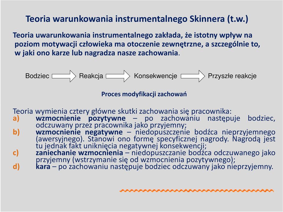 odczuwany przez pracownika jako przyjemny; b) wzmocnienie negatywne niedopuszczenie bodźca nieprzyjemnego (awersyjnego). Stanowi ono formę specyficznej nagrody.