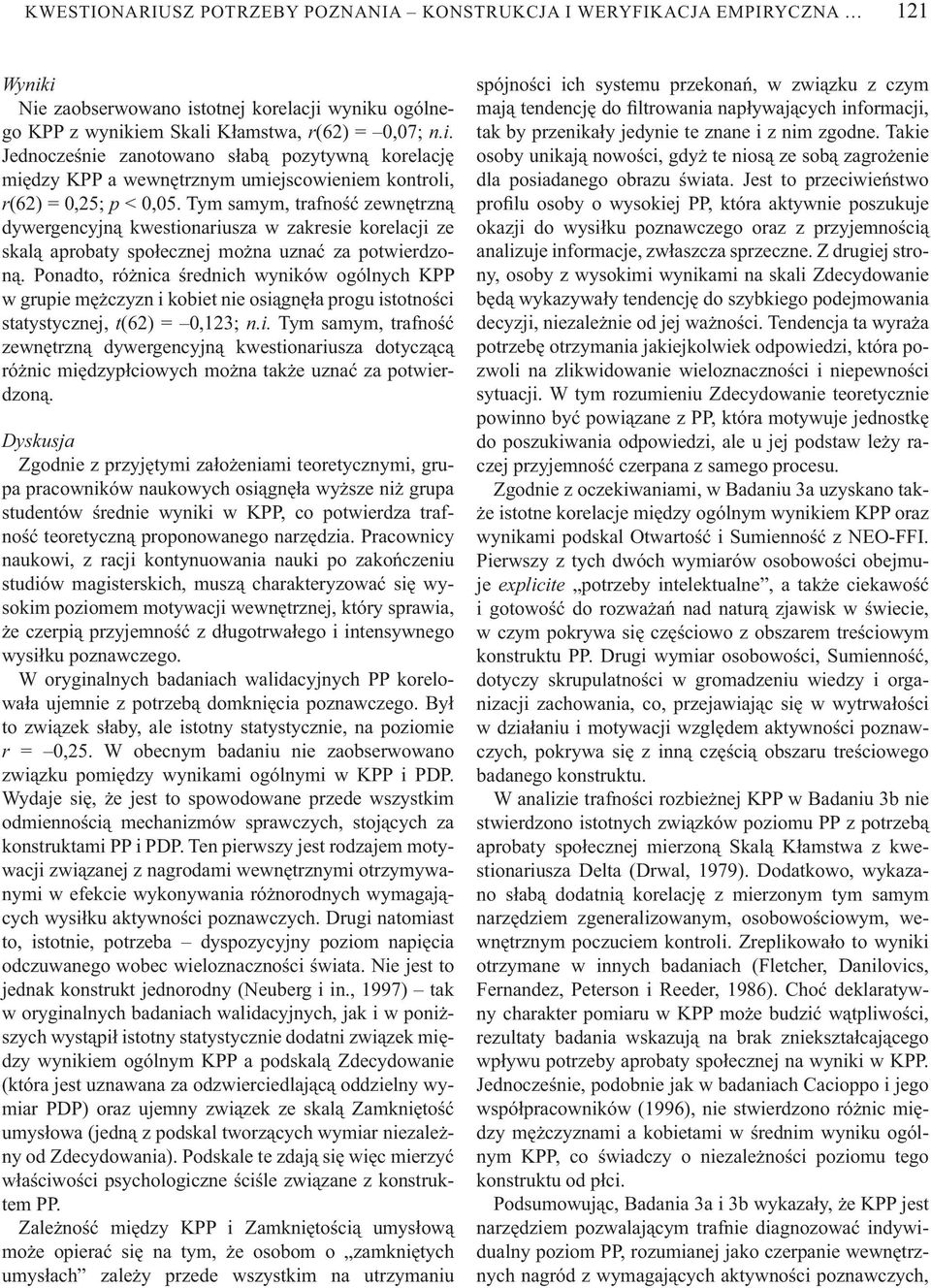 Tym samym, trafno zewn trzn dywergencyjn kwestionariusza w zakresie korelacji ze skal aprobaty spo ecznej mo na uzna za potwierdzon.