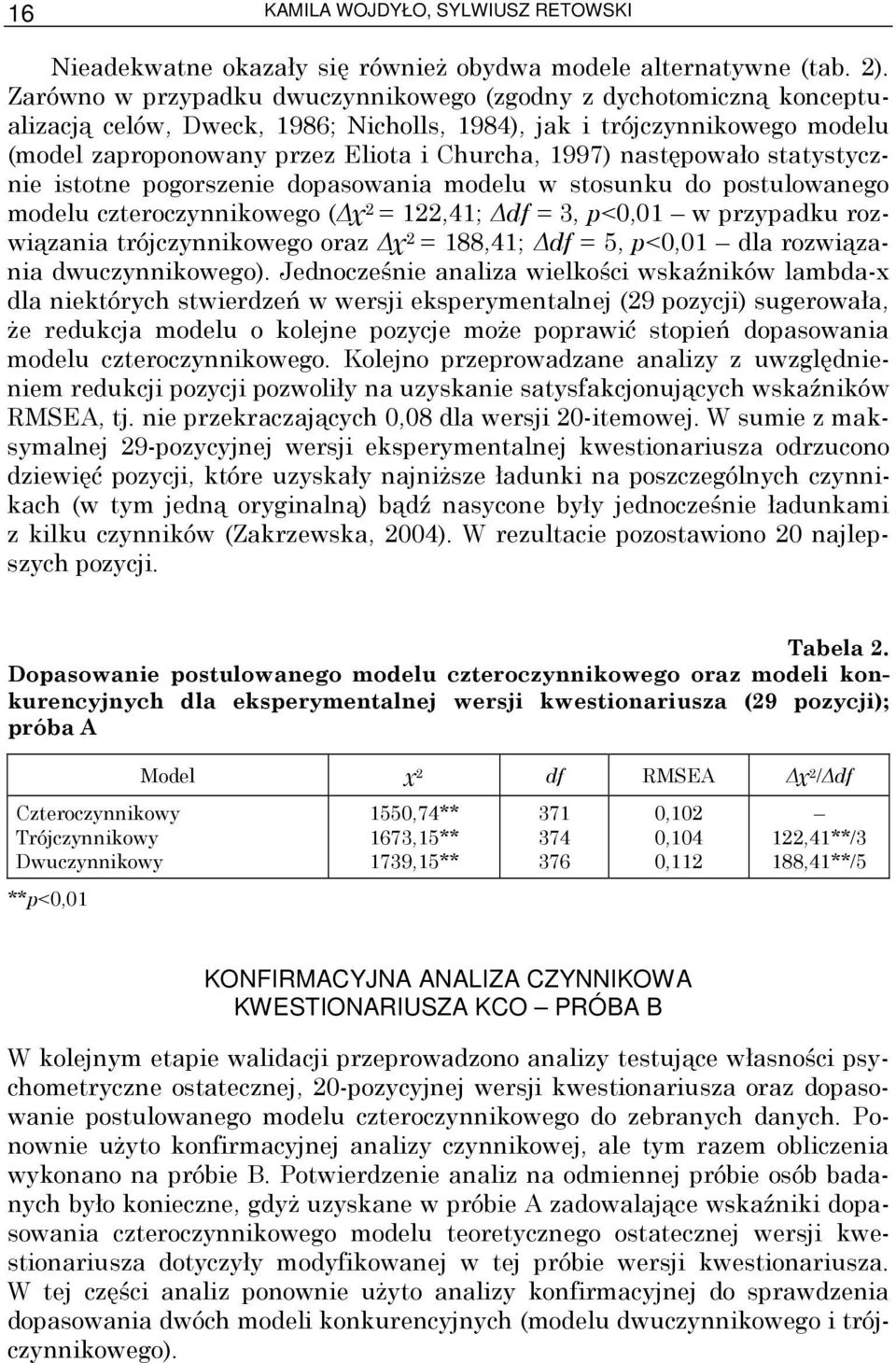 następowało statystycznie istotne pogorszenie dopasowania modelu w stosunku do postulowanego modelu czteroczynnikowego ( χ 2 = 122,41; df = 3, p<0,01 w przypadku rozwiązania trójczynnikowego oraz χ 2