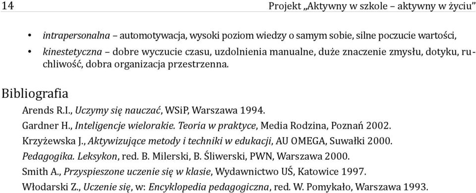 , Inteligencje wielorakie. Teoria w praktyce, Media Rodzina, Poznań 2002. Krzyżewska J., Aktywizujące metody i techniki w edukacji, AU OMEGA, Suwałki 2000. Pedagogika. Leksykon, red. B.