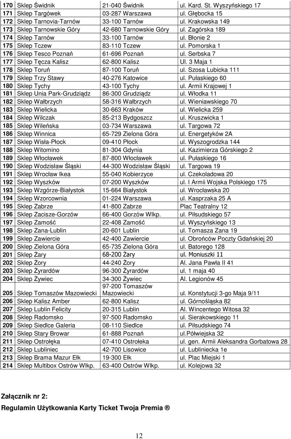 Pomorska 1 176 Sklep Tesco Poznań 61-696 Poznań ul. Serbska 7 177 Sklep Tęcza Kalisz 62-800 Kalisz Ul. 3 Maja 1 178 Sklep Toruń 87-100 Toruń ul.