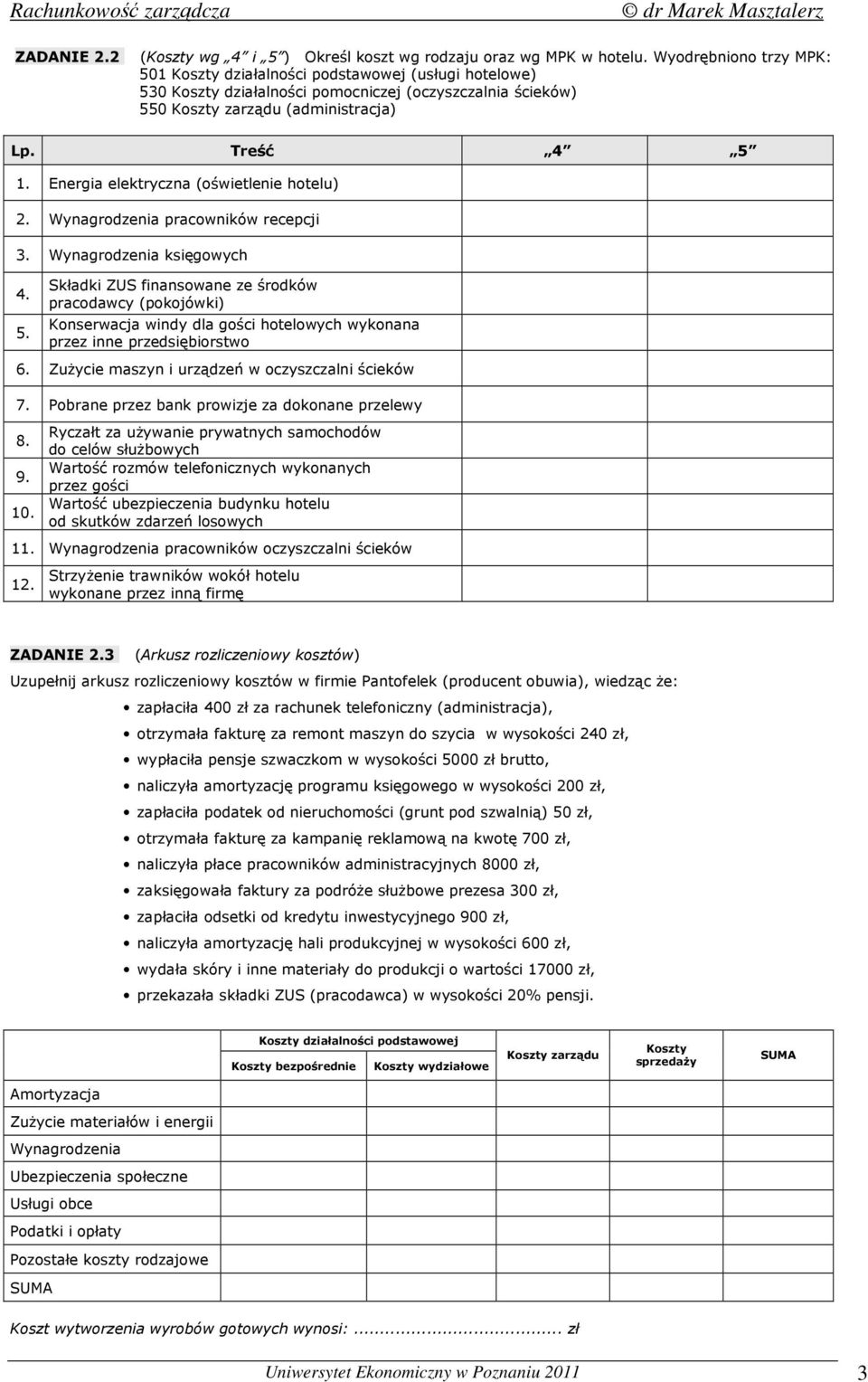 Energia elektryczna (oświetlenie hotelu) 2. Wynagrodzenia pracowników recepcji 3. Wynagrodzenia księgowych 4. 5.