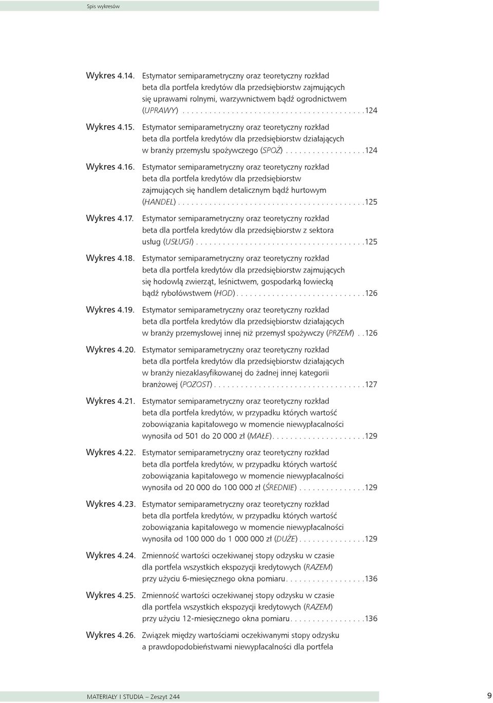 15. Estymator semiparametryczny oraz teoretyczny rozkład beta dla portfela kredytów dla przedsiębiorstw działających w branży przemysłu spożywczego (SPOŻ)..................124 Wykres 4.16.