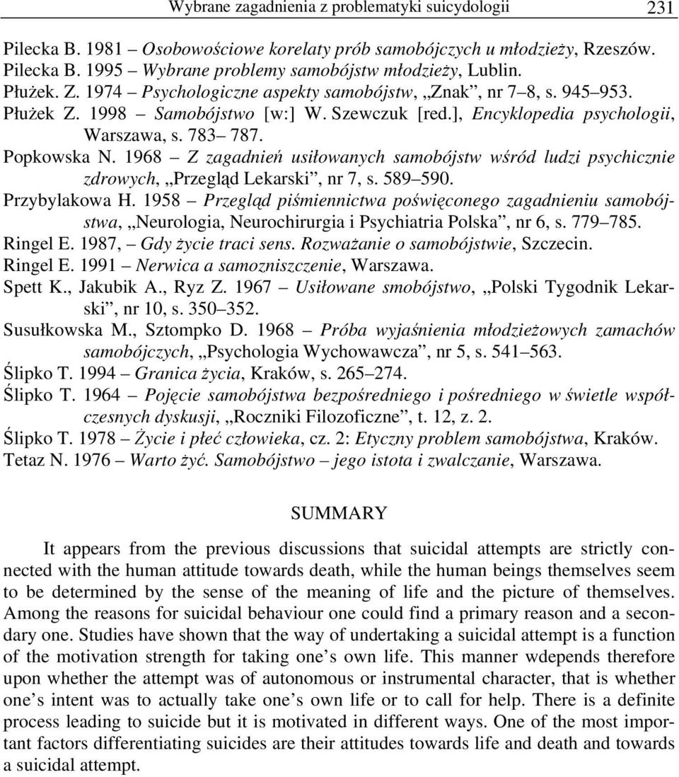 1968 Z zagadnień usiłowanych samobójstw wśród ludzi psychicznie zdrowych, Przegląd Lekarski, nr 7, s. 589 590. Przybylakowa H.