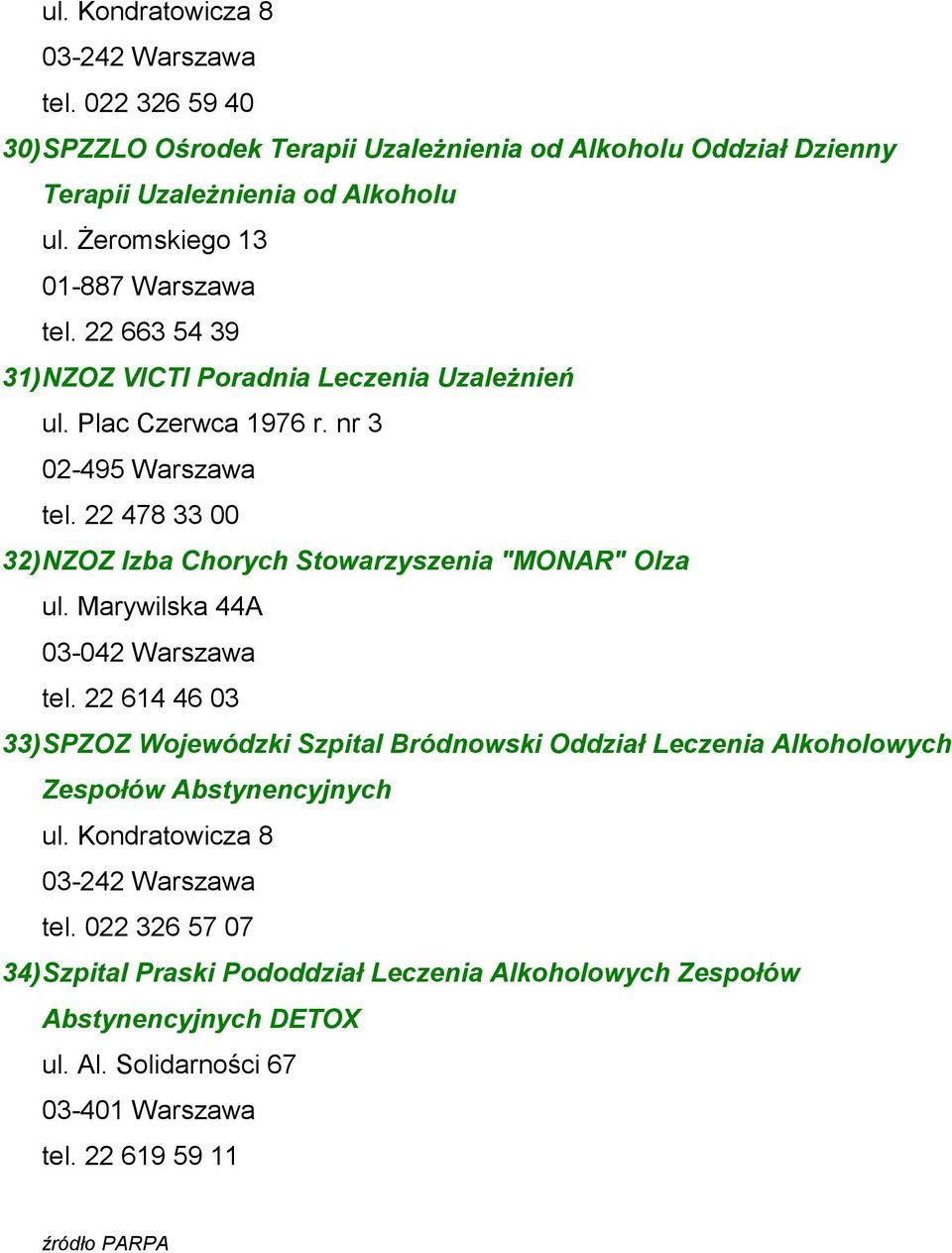 22 478 33 00 32) NZOZ Izba Chorych Stowarzyszenia "MONAR" Olza ul. Marywilska 44A 03-042 Warszawa tel.