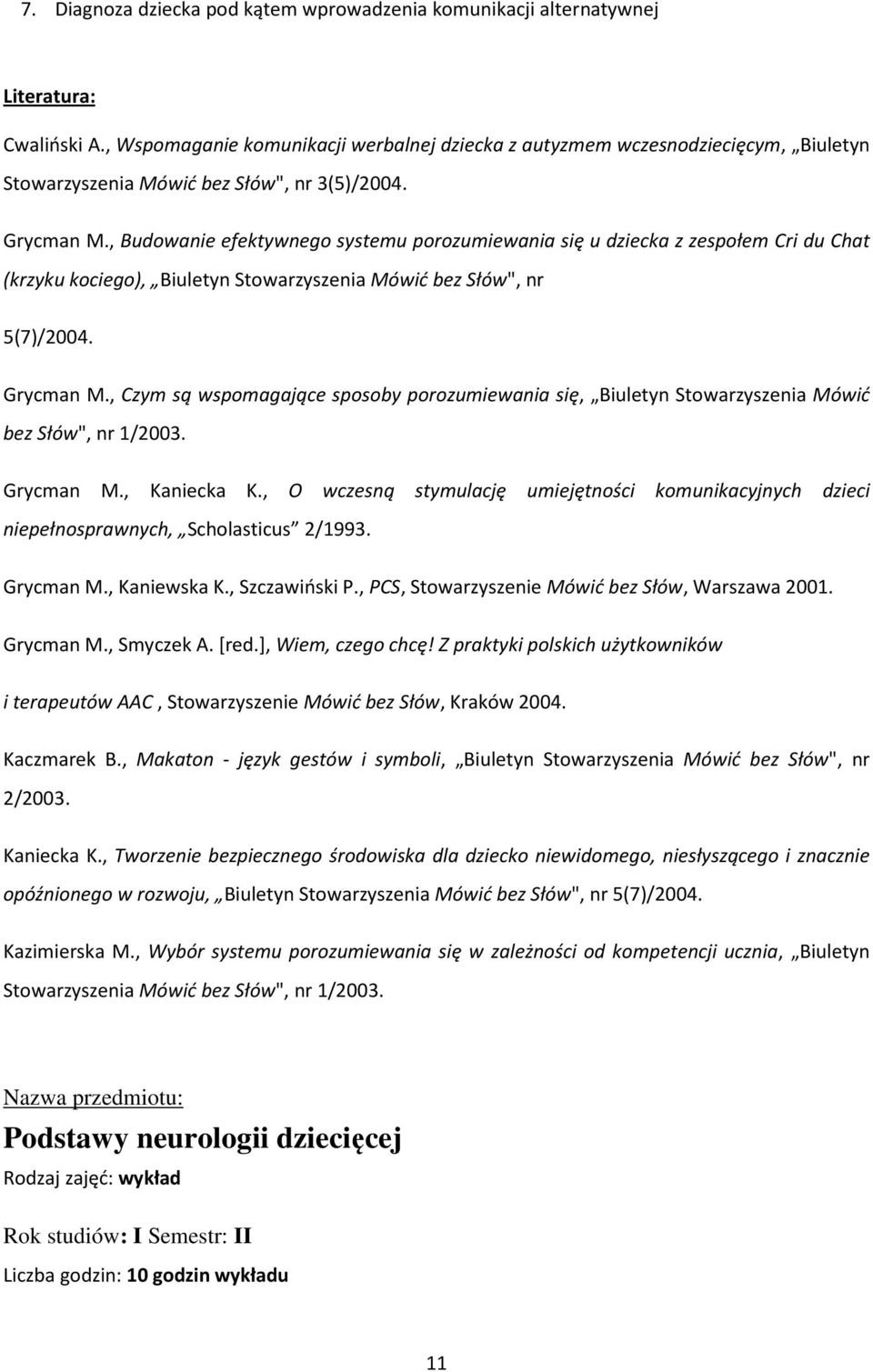 , Budowanie efektywnego systemu porozumiewania się u dziecka z zespołem Cri du Chat (krzyku kociego), Biuletyn Stowarzyszenia Mówić bez Słów", nr 5(7)/2004. Grycman M.