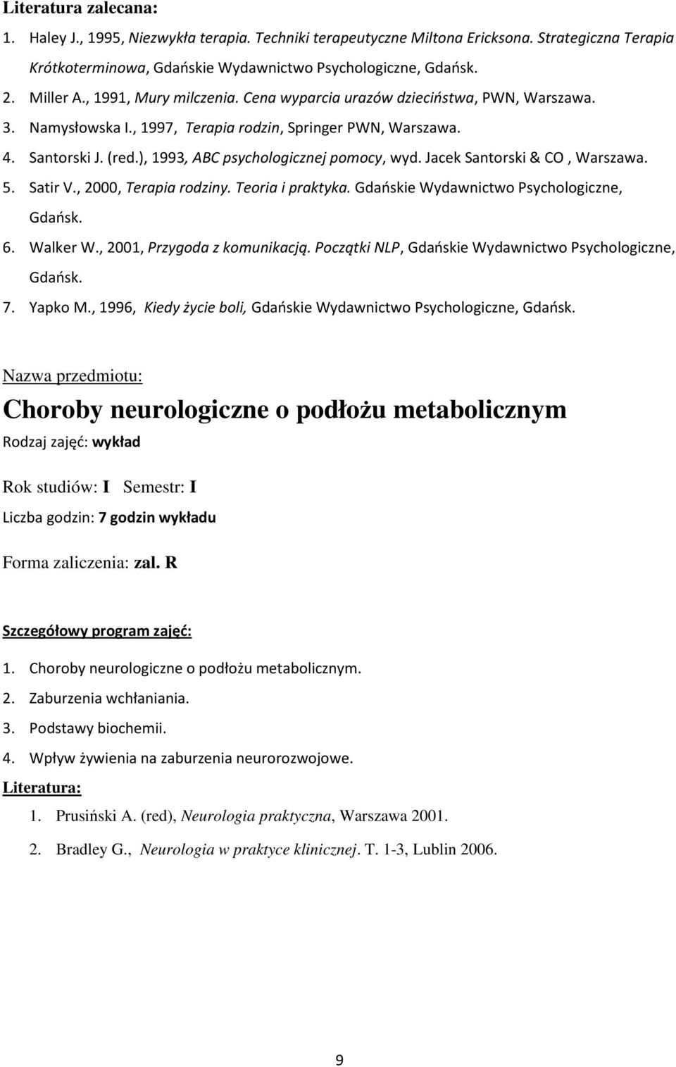 Jacek Santorski & CO, Warszawa. 5. Satir V., 2000, Terapia rodziny. Teoria i praktyka. Gdańskie Wydawnictwo Psychologiczne, Gdańsk. 6. Walker W., 2001, Przygoda z komunikacją.