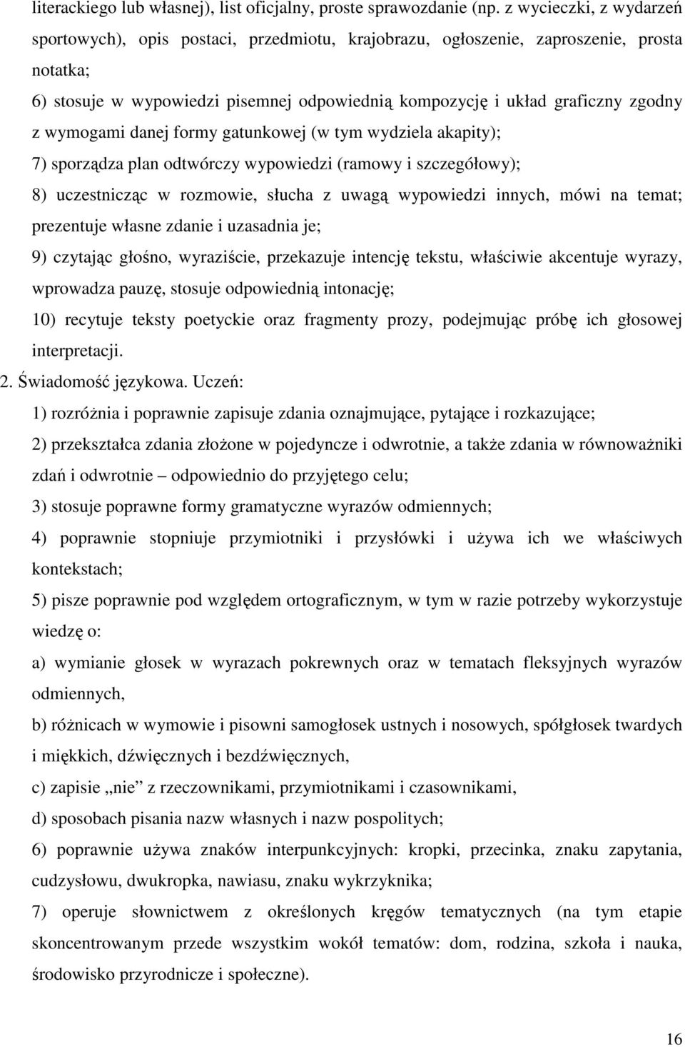 wymogami danej formy gatunkowej (w tym wydziela akapity); 7) sporządza plan odtwórczy wypowiedzi (ramowy i szczegółowy); 8) uczestnicząc w rozmowie, słucha z uwagą wypowiedzi innych, mówi na temat;