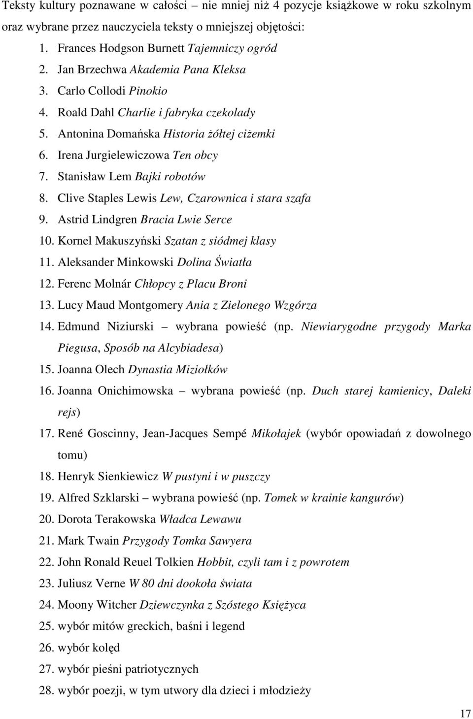 Stanisław Lem Bajki robotów 8. Clive Staples Lewis Lew, Czarownica i stara szafa 9. Astrid Lindgren Bracia Lwie Serce 10. Kornel Makuszyński Szatan z siódmej klasy 11.