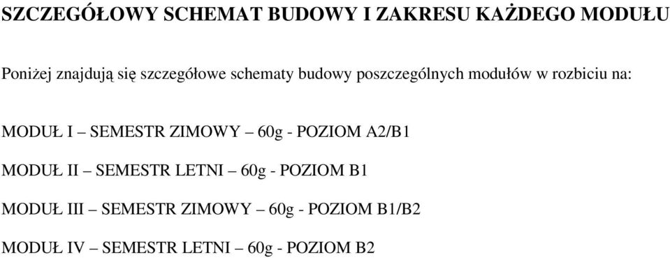 SEMESTR ZIMOWY 60g - POZIOM A2/B1 MODUŁ II SEMESTR LETNI 60g - POZIOM B1