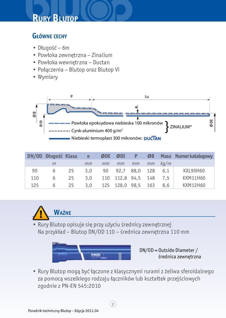 148 7,5 KXM11H60 125 6 25 3,0 125 128,0 98,5 163 8,6 KXM12H60 Ważne Rury Blutop opisuje się przy użyciu średnicy zewnętrznej Na przykład Blutop DN/OD 110 średnica zewnętrzna 110 mm DN/OD = Outside