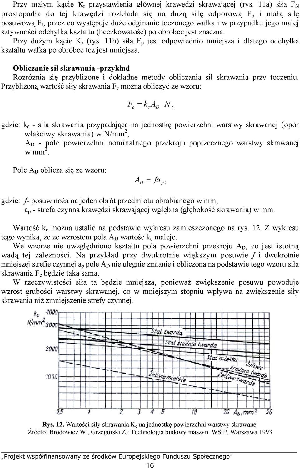 odchyłka kształtu (beczkowatość) po obróbce jest znaczna. Przy dużym kącie K r (rys. 11b) siła F p jest odpowiednio mniejsza i dlatego odchyłka kształtu wałka po obróbce też jest mniejsza.