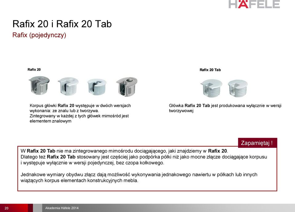 W Rafix 20 Tab nie ma zintegrowanego mimośrodu dociągającego, jaki znajdziemy w Rafix 20.