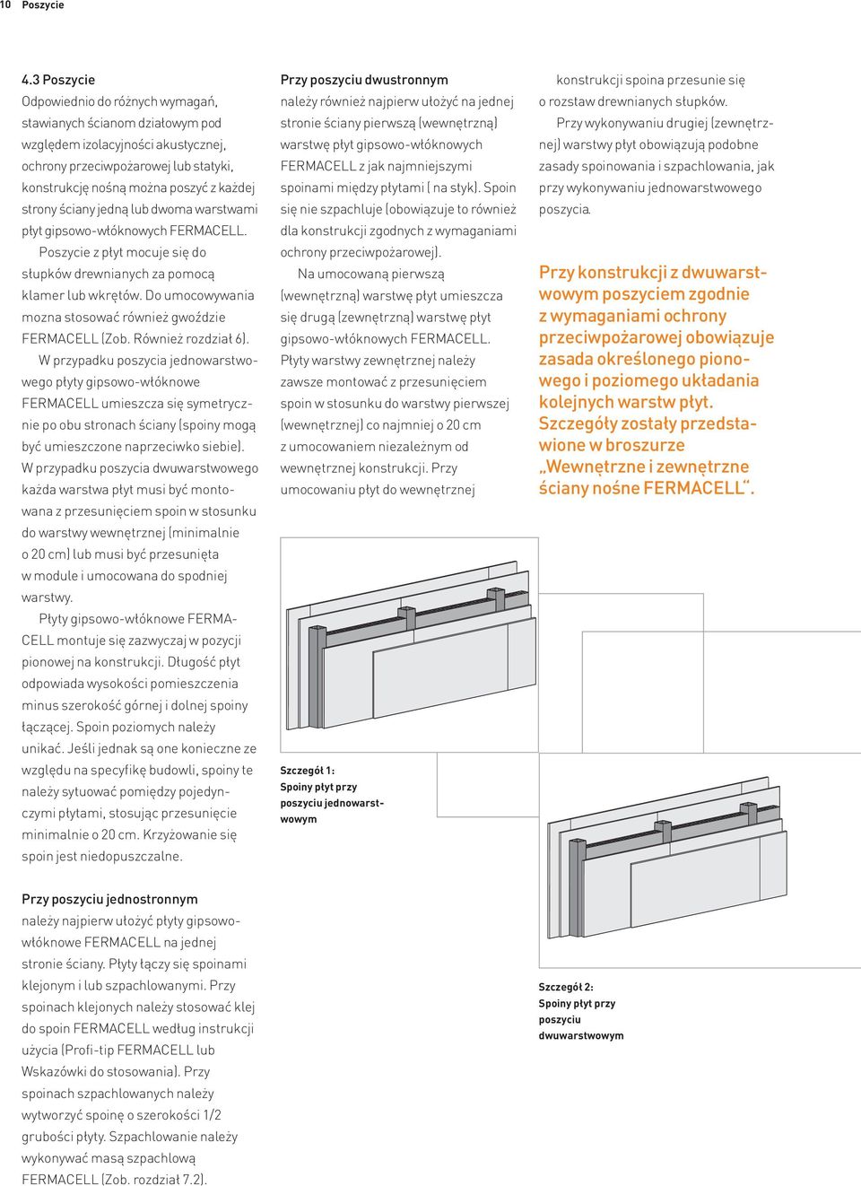 ściany jedną lub dwoma warstwami płyt gipsowo-włóknowych FERMACELL. Poszycie z płyt mocuje się do słupków drewnianych za pomocą klamer lub wkrętów.