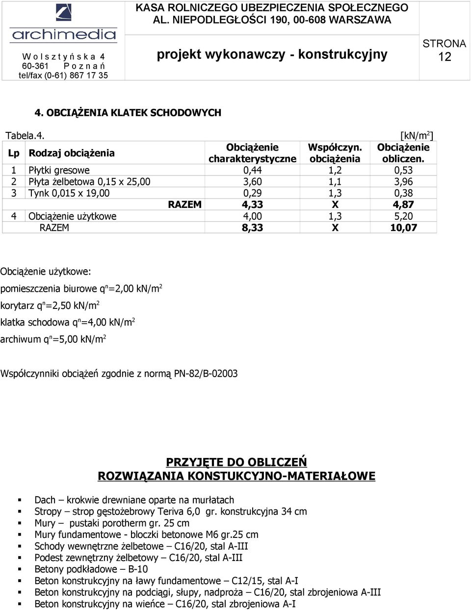 użytkowe: pomieszczenia biurowe q n =2,00 kn/m 2 korytarz q n =2,50 kn/m 2 klatka schodowa q n =4,00 kn/m 2 archiwum q n =5,00 kn/m 2 Współczynniki obciążeń zgodnie z normą PN-82/B-02003 PRZYJĘTE DO