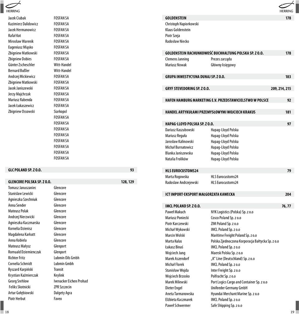 Radosław Niecko GOLDENSTEIN RACHUNKOWOŚĆ BUCHHALTUNG POLSKA SP. Z O.O. 178 Clemens Janning Prezes zarządu Mariusz Nowak Główny księgowy GRUPA INWESTYCYJNA DUNAJ SP. Z O.O. 183 GRYF STEVEDORING SP.