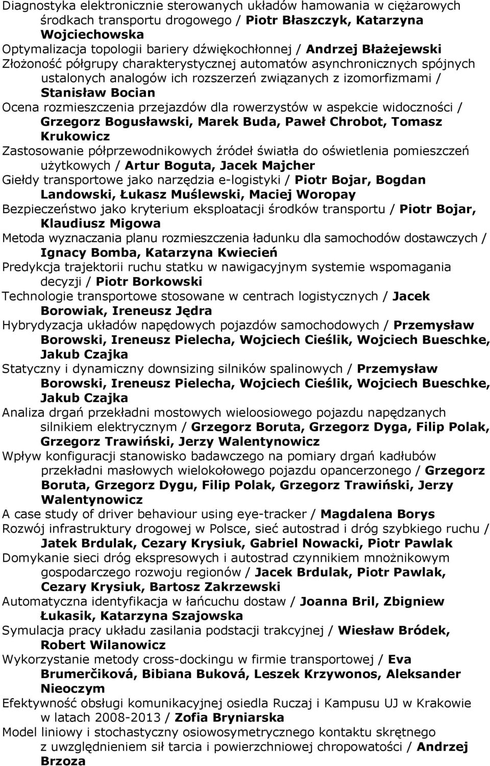 przejazdów dla rowerzystów w aspekcie widoczności / Grzegorz Bogusławski, Marek Buda, Paweł Chrobot, Tomasz Krukowicz Zastosowanie półprzewodnikowych źródeł światła do oświetlenia pomieszczeń