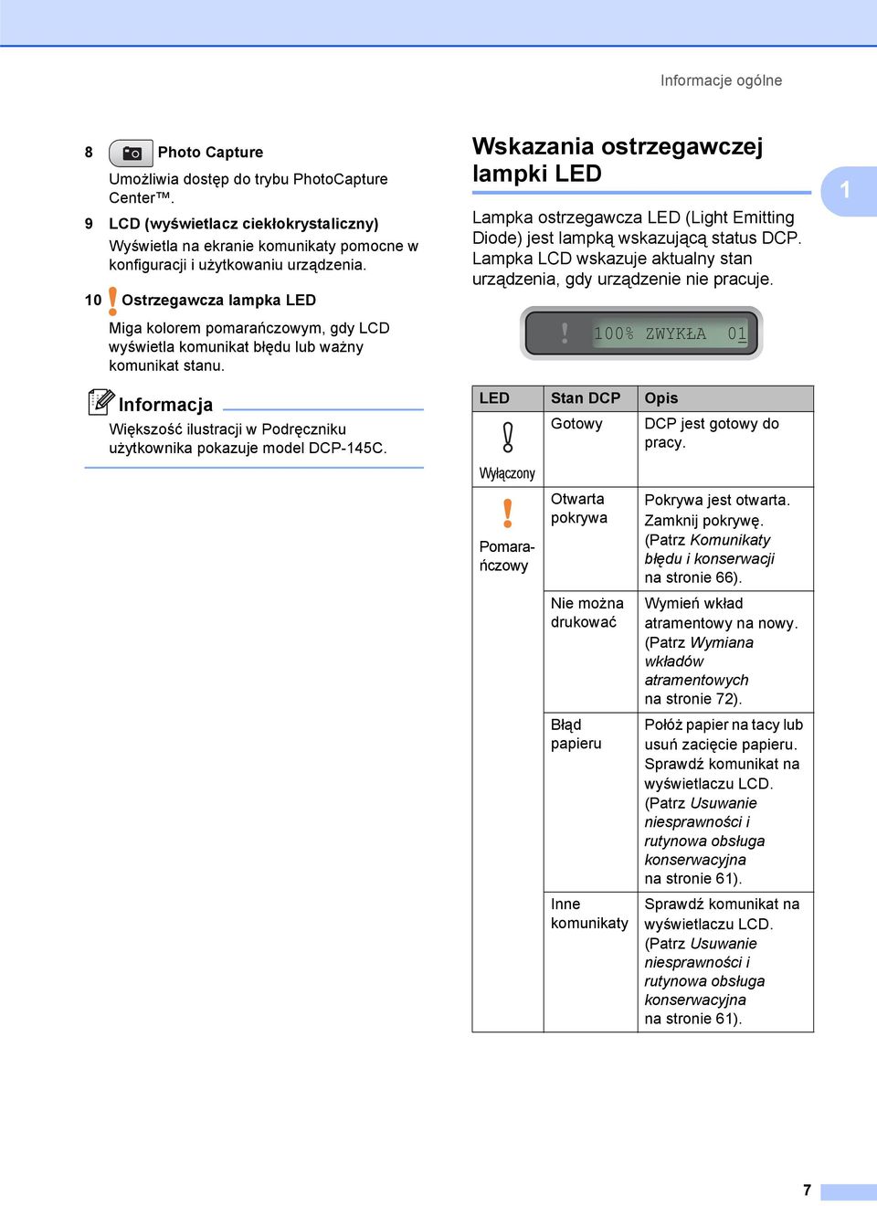 Wskazania ostrzegawczej lampki LED 1 Lampka ostrzegawcza LED (Light Emitting Diode) jest lampką wskazującą status DCP. Lampka LCD wskazuje aktualny stan urządzenia, gdy urządzenie nie pracuje.