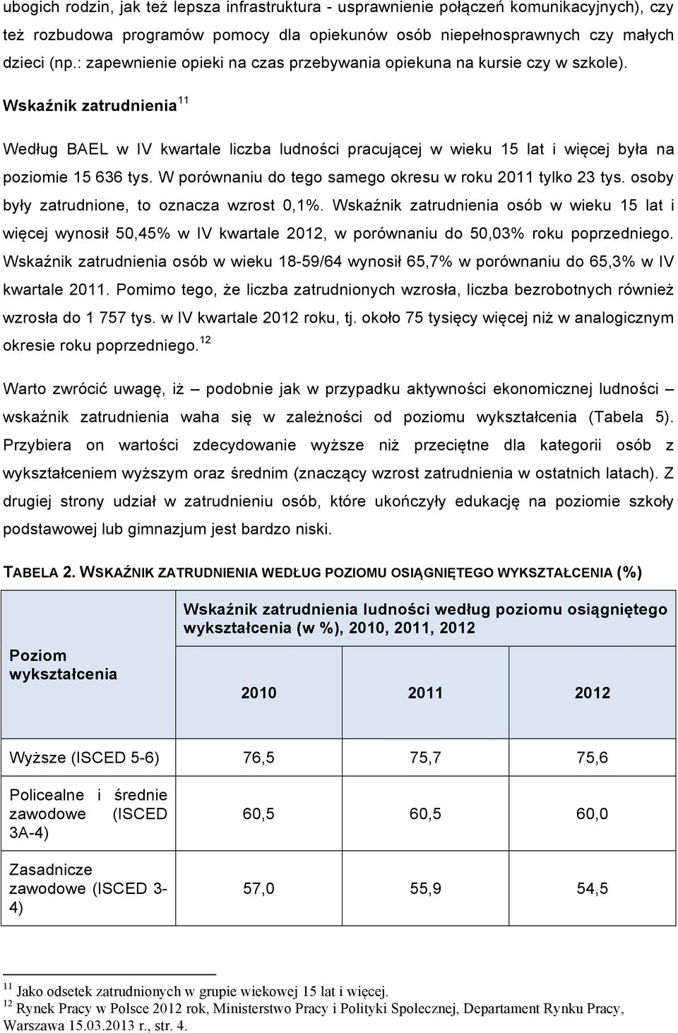 Wskaźnik zatrudnienia 11 Według BAEL w IV kwartale liczba ludności pracującej w wieku 15 lat i więcej była na poziomie 15 636 tys. W porównaniu do tego samego okresu w roku 2011 tylko 23 tys.