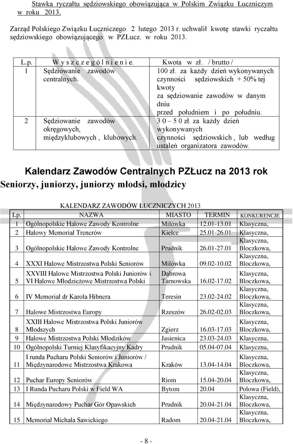 za każdy dzień wykonywanych centralnych. czynności sędziowskich + 50% tej kwoty za sędziowanie zawodów w danym dniu przed południem i po południu.